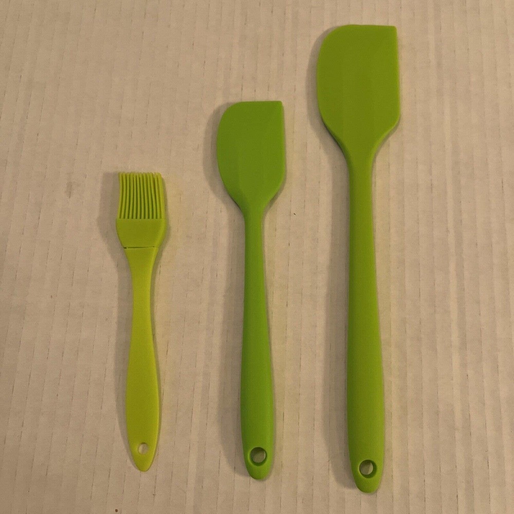 Set Of Three Green Silicone Spatulas And Basting Brush